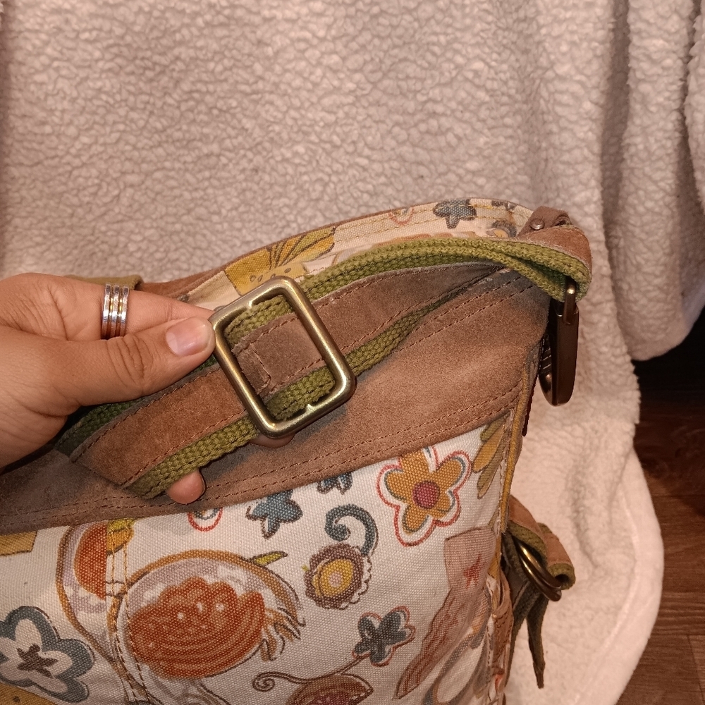 Vintage 90s  Lucky Brand Bucket Shoulder Bag Crossbody Canvas Suede Large Cute - Picture 6 of 9